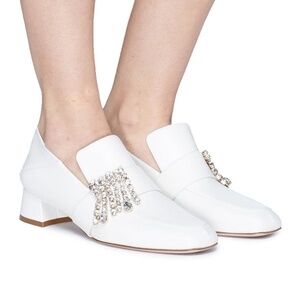Stuart Weitzman Irises Embellished Leather Block Heel Loafers 7.5.